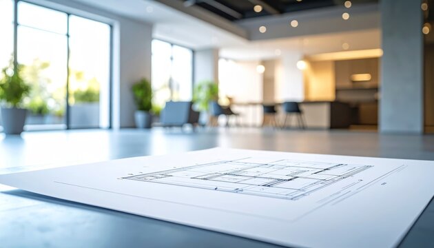 Detailed architectural blueprint sketch of a modern family house on wooden work desk with drafting tools like pencils and ruler, representing home planning construction.