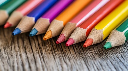 Close-up of colorful pencils on a wooden surface