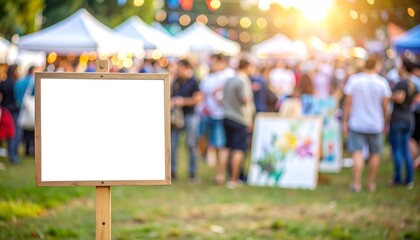 A white informational sign stands on lush green lawn in public park on bright sunny day with people leisurely walking in the background.