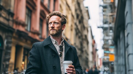 Fototapeta premium Businessman holding coffee in city street