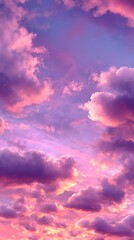 Obraz premium vertical mystical sunset sky with soft clouds glowing in pink, gold, and lavender tones, nature silhouette at bottom, dreamy and cinematic