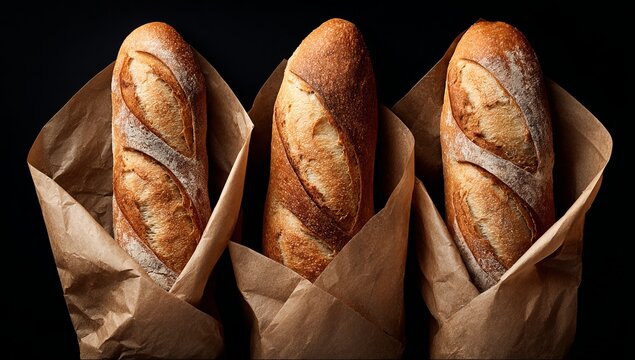 Three artisanal baguettes in brown paper (1)