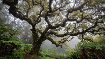 Majestic tree canopy in a misty forest.
