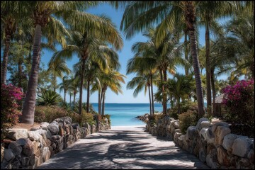 Obraz premium Stunning entrance to an exotic island with two perfectly aligned palm trees framing a tranquil blue sea and sandy beach surrounded by vibrant flowers and lush greenery