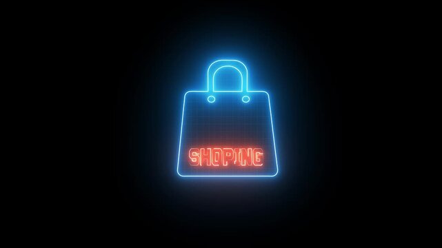 4k neon line shopping bag icon, female handbag symbol, casual glamour baggage, video animation, black background