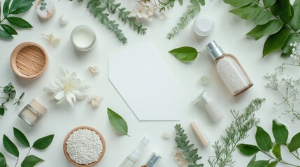 Flat lay arrangement of beauty products and natural elements on a white surface
