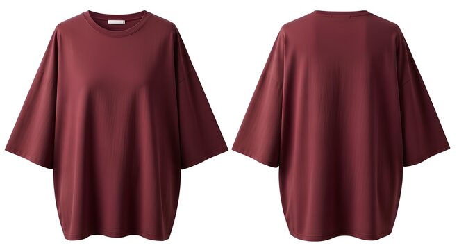 Stylish oversized maroon t-shirt with a crew neck and loose-fitting dolman sleeves. Front and back view of casual apparel isolated on white.