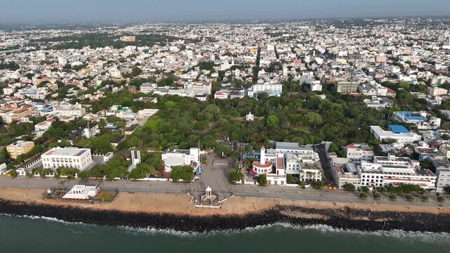 Aerial video in Pondicherry shows the biggest Gandhi statue present in Asia. The granite pillars of the statue was brought from Gingee and the construction of the statue was completed in 1965 Tamils