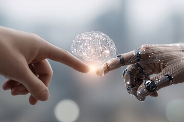 Human hand and robotic arm touching a digital brain