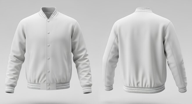White varsity jacket mockup with front and back views. Blank bomber template for apparel design presentation.