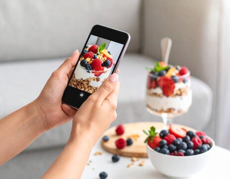 A female food blogger or influencer taking a flat lay photo of a healthy fruit parfait for her social media content.