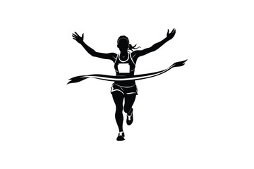 A triumphant female runner bursts through the finish line ribbon with arms raised in victory captured in a striking black and white silhouette style