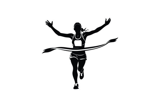 A triumphant female runner bursts through the finish line ribbon with arms raised in victory captured in a striking black and white silhouette style