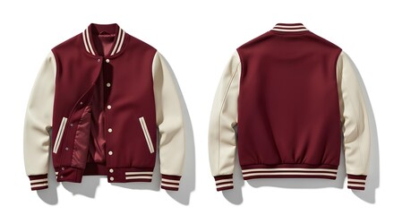 Naklejka premium Classic maroon and cream varsity jacket showing front and back views. Timeless collegiate style letterman bomber isolated on a white background.