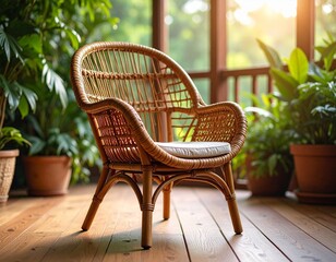 Obraz premium Natural Rattan Chair on Wooden Floor with Soft Ambient Light in Cozy Indoor Setting