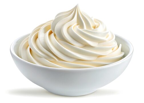 A white bowl filled with swirling soft serve ice cream on a white background dessert sweet