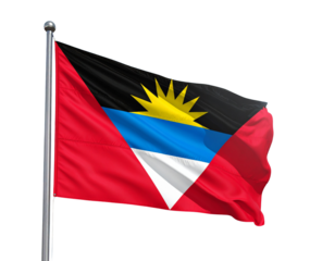 A lifelike 3D render of the Antigua and Barbuda flag waving proudly in the breeze against a clear blue sky. Realistic fabric texture and dynamic lighting. Isolated on a transparent background PNG (2)