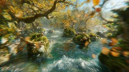 A rushing stream winds through a mossy forest.