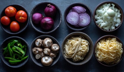 Flatlay Chopped veggies, noodles prep, dark background, cooking