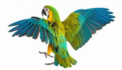 Fototapeta premium Short and Precise Description: A vibrant parrot with green, blue, and yellow feathers is captured with wings spread wide, highlighting its dynamic pose and vivid plumage in mid-flight or landing.