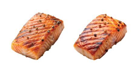 Grilled Salmon Fillet: A piece of grilled salmon fillet with visible grill marks, isolated PNG