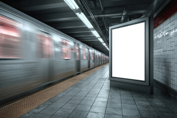 Empty advertisement display in NYC subway station as a train passes by on a busy day, highlighting the urban environment and transit atmosphere