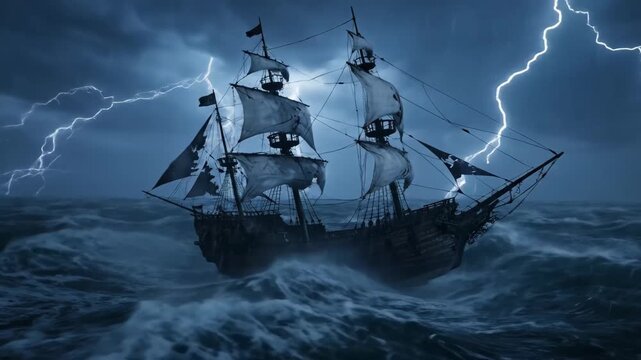 Wrath of the Sea: Pirate Galleon Caught in a Ferocious Electric Storm. pirate ship caught in a storm.
