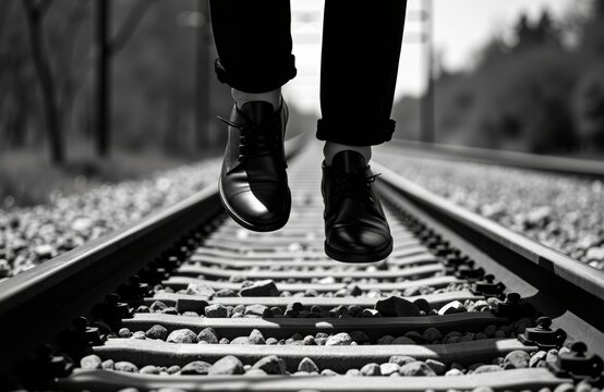 A person walking on railway tracks in black and white with focus on shoes and train lines