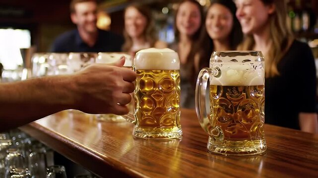 A bartender's hands placing multiple steins of foamy beer on a wooden bar counter, ready for patrons at a lively pub or festival.