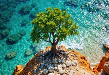 Vibrant green tree growing on rocky cliff overlooking clear turquoise sea