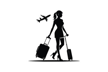Elegant woman with luggage and airplane in the background symbolizing travel and adventure rendered in a striking black silhouette style
