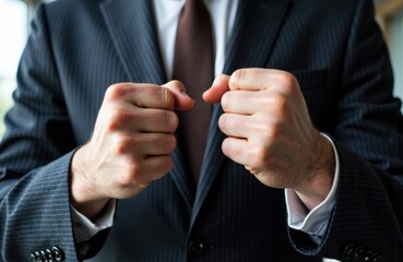 Confidence and determination expressed through a businessman in a dark pinstripe suit with clenched fists