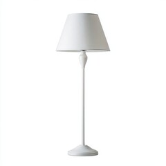 Fototapeta premium A white floor lamp with a lampshade. This elegant lighting fixture adds a touch of modern sophistication to any interior space. The lamp casts a warm and inviting glow.