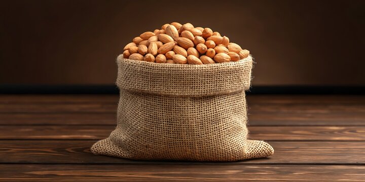 Burlap Sack Filled With Almonds On Wooden Surface nuts