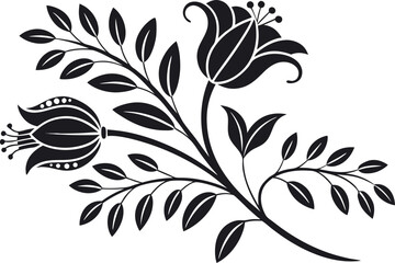 Elegant black and white lily flower silhouette with leaves