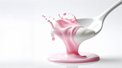 A dynamic studio shot capturing a splash of pink and white cream or yogurt as it drips from a spoon onto a clean white surface, highlighting its smooth texture and motion. Ideal for food and beverage 
