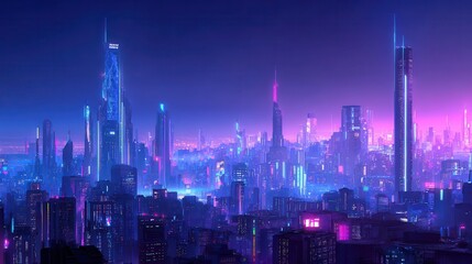 Obraz premium Futuristic cityscape at night, glowing with vibrant neon lights.