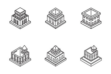 Isometric Building Collection Modern Architecture Design Elements in Black and White Outline Style Graphic Set for Urban Concepts