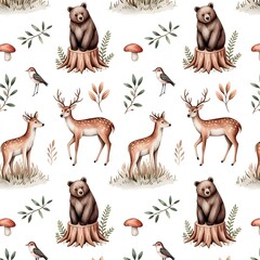 Fototapeta premium Watercolor woodland animals pattern with deer bears and birds forest
