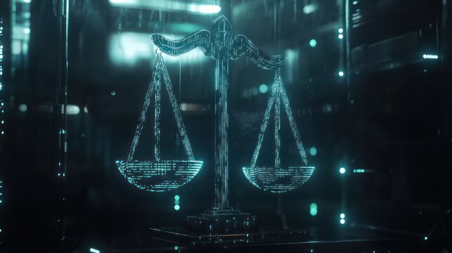 Digital scales of justice within a glass enclosure, bathed in ethereal teal-and-aqua light, with blurred city lights and rain streaks visible through the glass