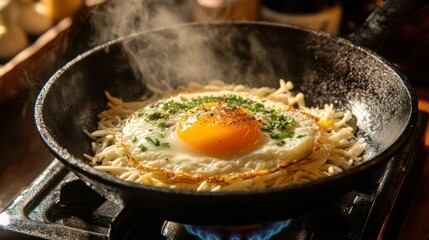 Fried egg atop shredded cheese in a hot pan. Steam rising
