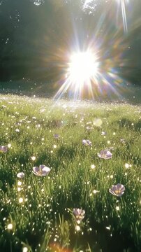Low-angle video shot of a sunlit meadow with dewy flowers, capturing a dreamy, ethereal atmosphere with radiant light flares. Live mobile wallpaper.