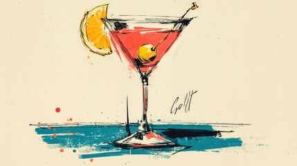 Stylish Cocktail Illustration:  Abstract Martini with Orange and Olive Garnish