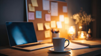 Cozy home workspace at night with glowing laptop and warm lamp creating focused mood. coffee cup sits on wooden desk near notebook and pinboard in background