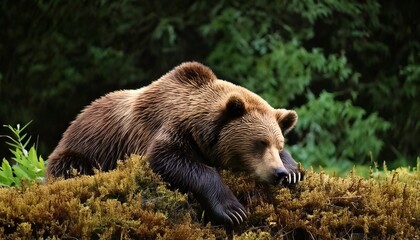 Obraz premium Brown Bear Sleeping in Grassy Field in Forest