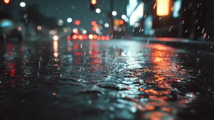 cinematic low-angle shot of raindrops falling steadily into a shallow puddle on urban pavement, subtle reflections of city lights, moody and realistic