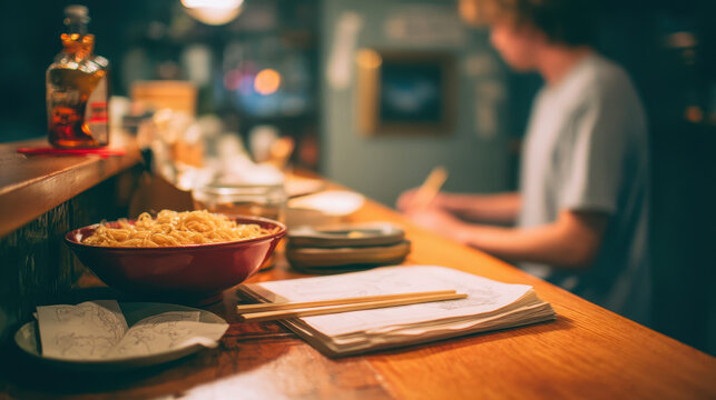 Moody scene at Japanese restaurant bar counter with bowl of ramen noodle. contemplative food and dining experience with solitary person creating calm, lonely atmosphere