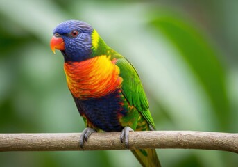 Vibrant rainbow lorikeet perched on a branch amidst lush greenery