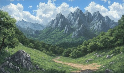 Naklejka premium Breathtaking mountain vista landscape scenic environment backdrop illustration