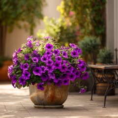 A vibrant cluster of purple flowers bursting from a decorative pot. The flowers provide a gorgeous splash of color, adding beauty to the outdoors